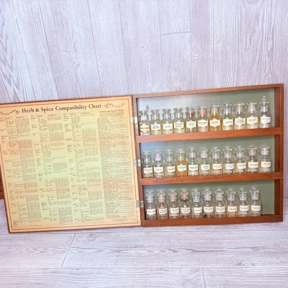 Vintage Wagner spice rack box w/ 32 glass spice jars apothecary rustic kitchen - Picture 2 of 16